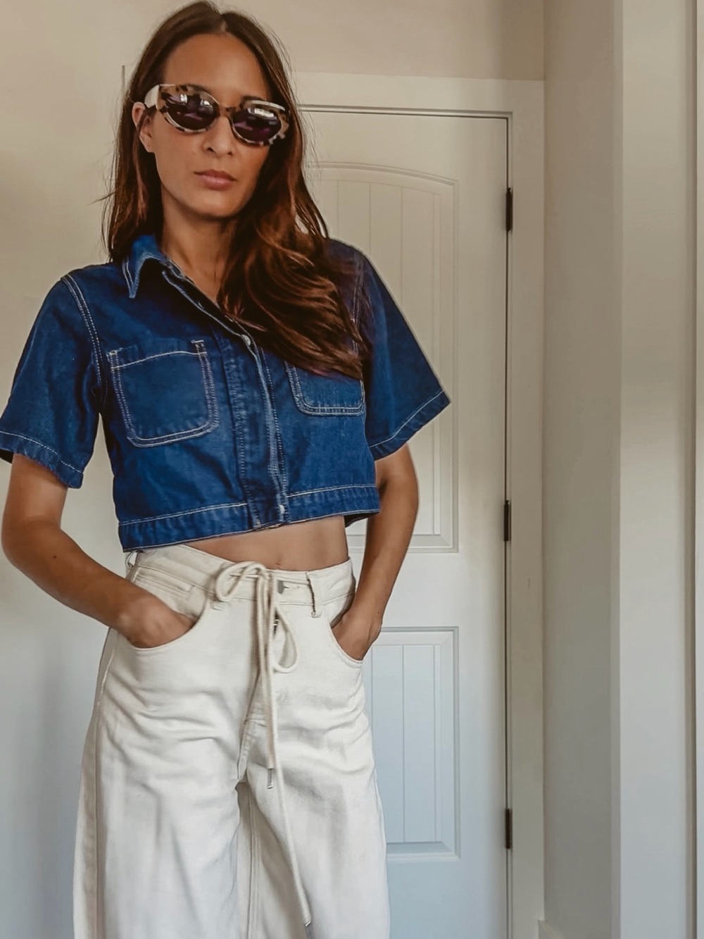 SHEIN Blue Cropped Denim Button-Up Top